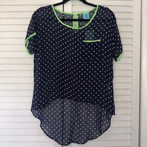 Sheer Navy polka dot top with green accents